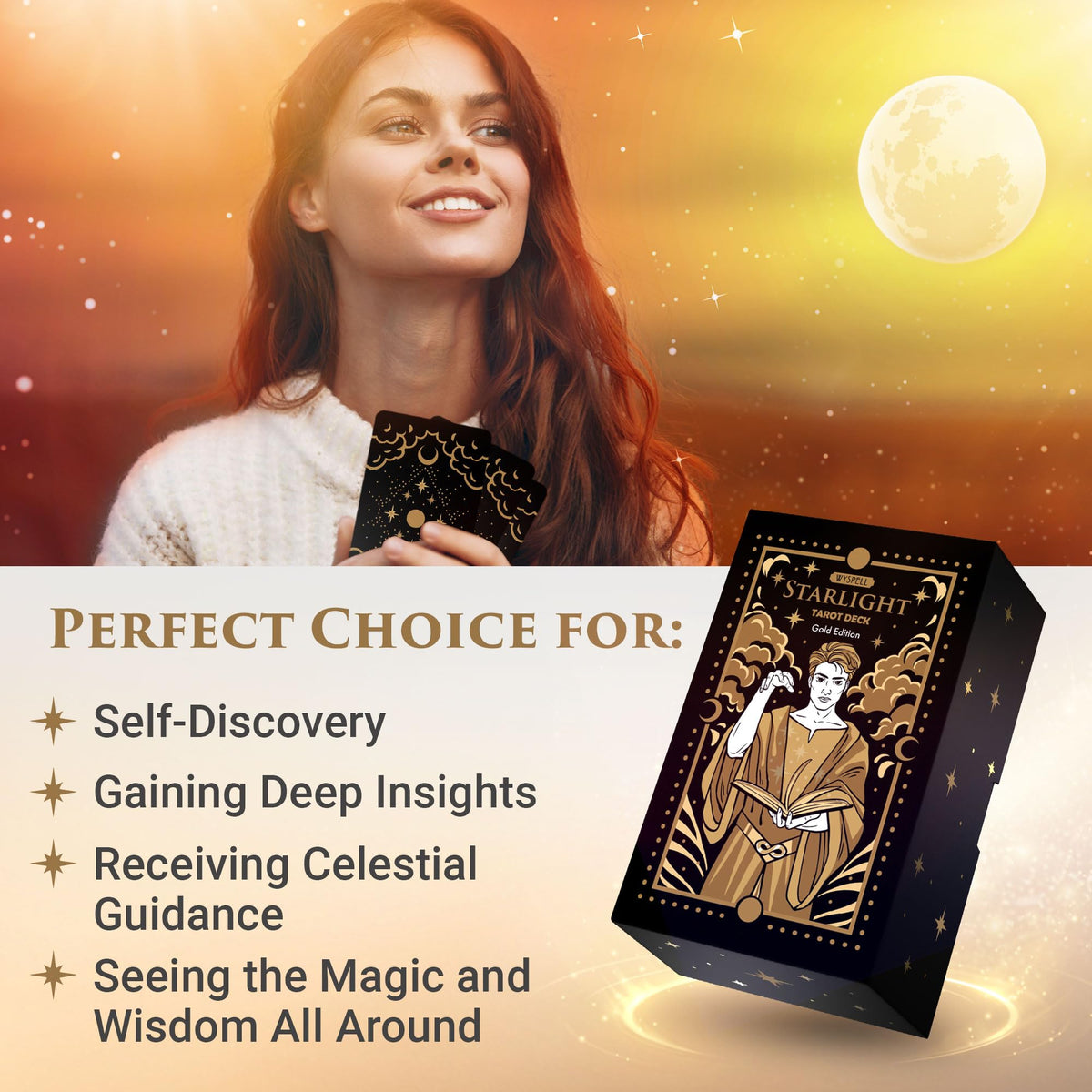 Wyspell Starlight Tarot Deck with Guide Book | Beginner Gold Edition