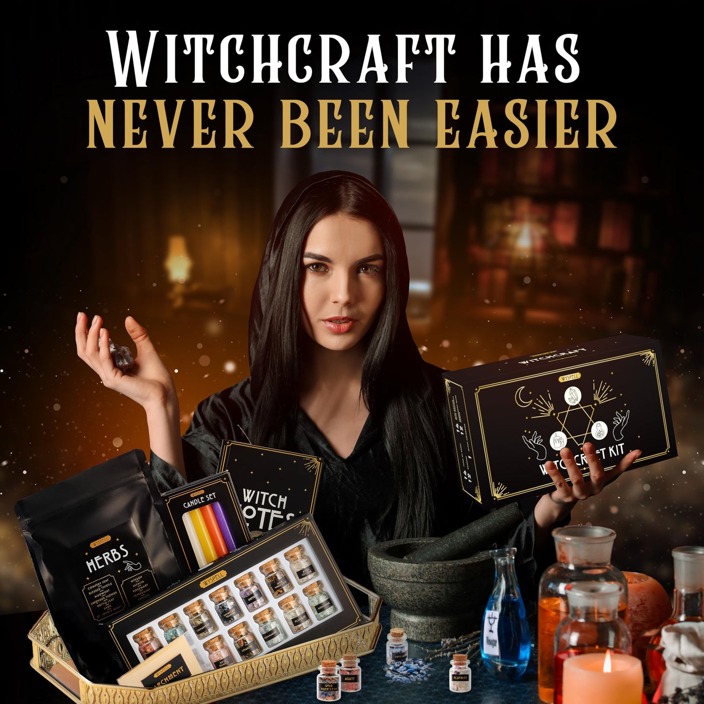 Wyspell Witchcraft Supplies Kit for Witch Altar 54PCS | Candles, Crystals, Herbs | Beginner Starter Box