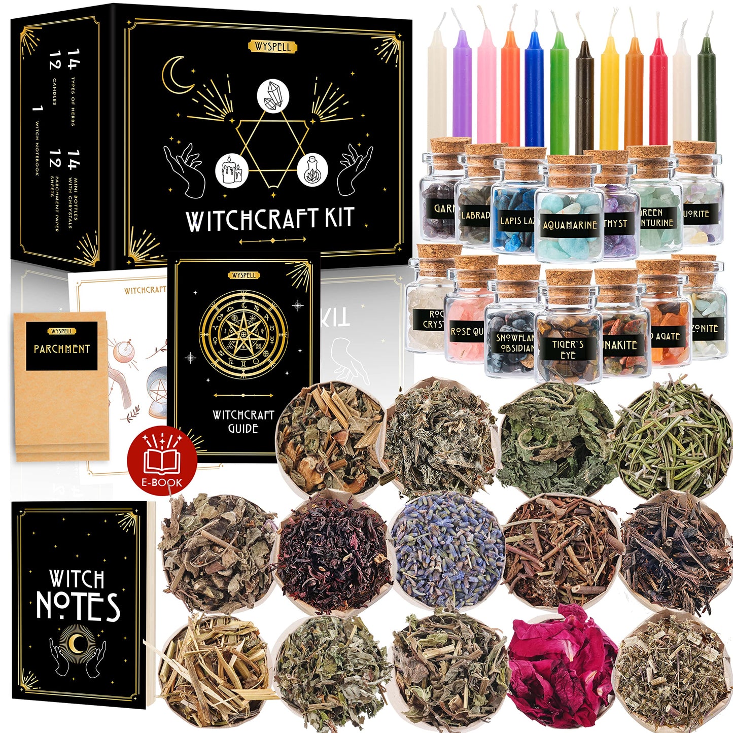 Wyspell Witchcraft Supplies Kit for Witch Altar 54PCS | Candles, Crystals, Herbs | Beginner Starter Box