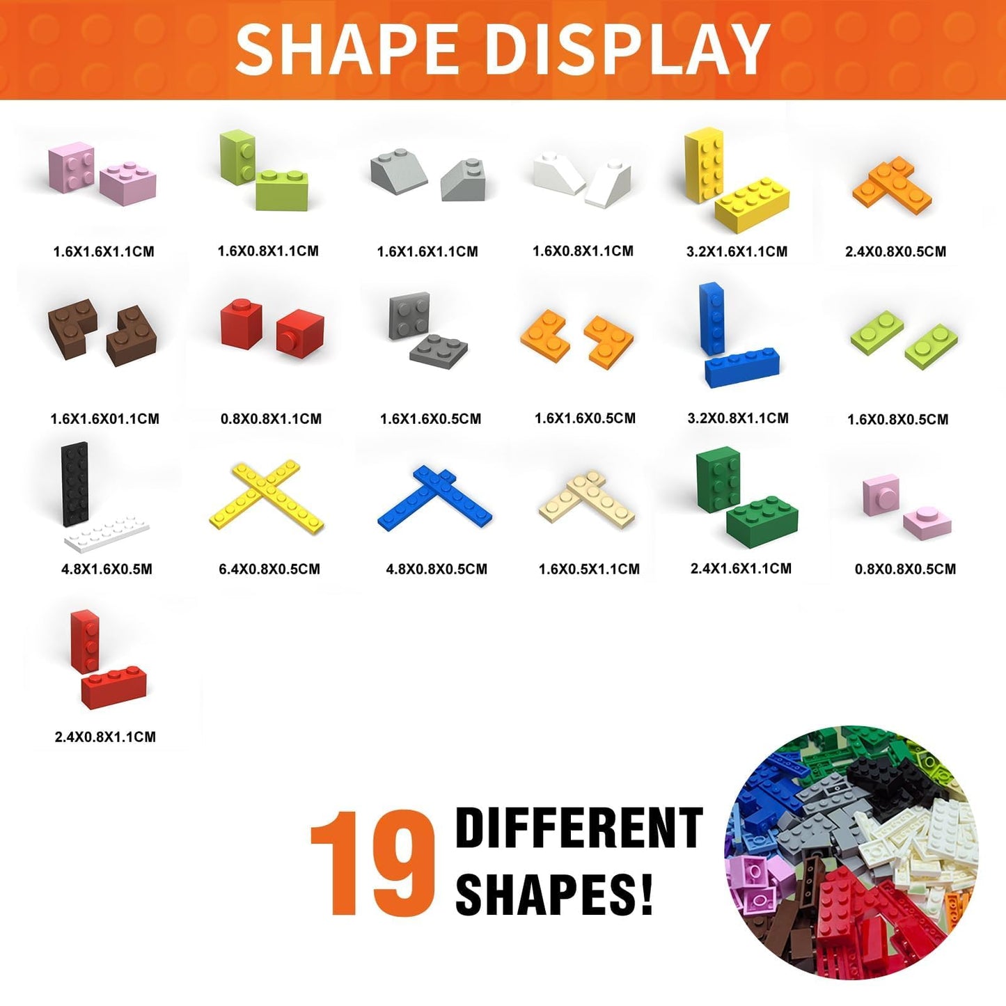 WYSWYG 1500-Piece Building Bricks – 12 Colors, 14 Shapes, Compatible with Major Brands