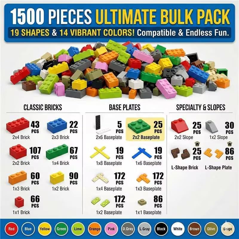 WYSWYG 1500-Piece Building Bricks – 12 Colors, 14 Shapes, Compatible with Major Brands