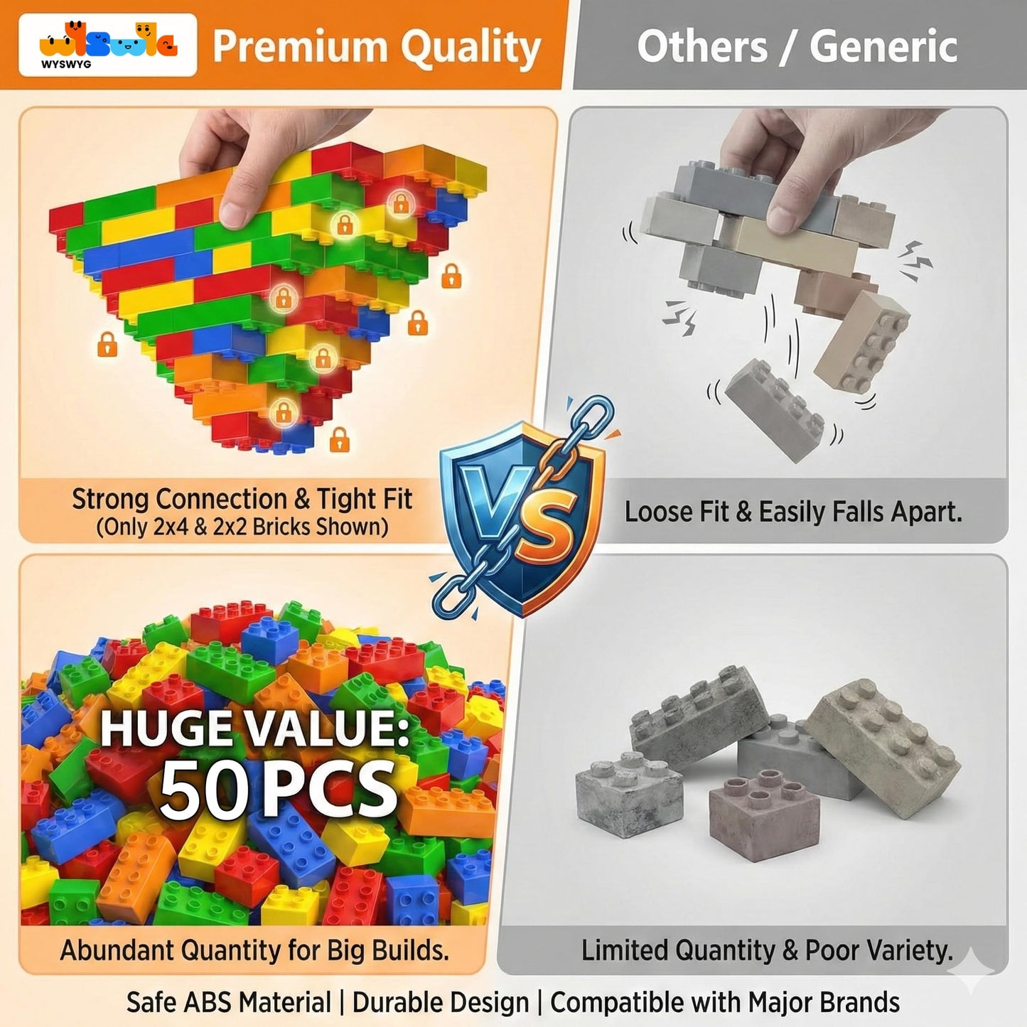 WYSWYG Big Building Blocks Starter Set – 50 Pcs, Duplo-Compatible for Ages 3-6