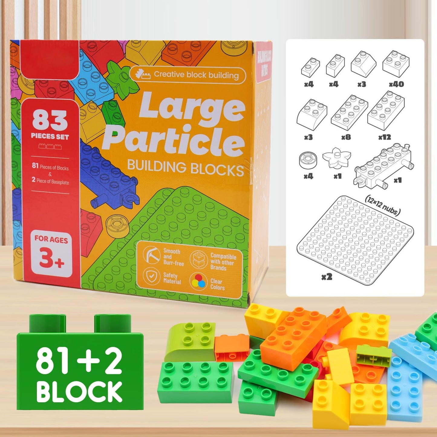 WYSWYG 81-Piece Large Building Blocks with Baseplates – Compatible with Lego Duplo & Major Brands (Ages 3–6)