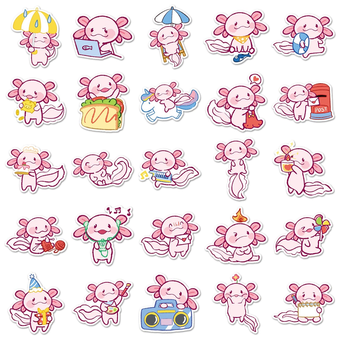 wyyeleswm 50PCS Cute Axolotl Stickers – Waterproof Vinyl for Water Bottles, Laptops & Scrapbooks