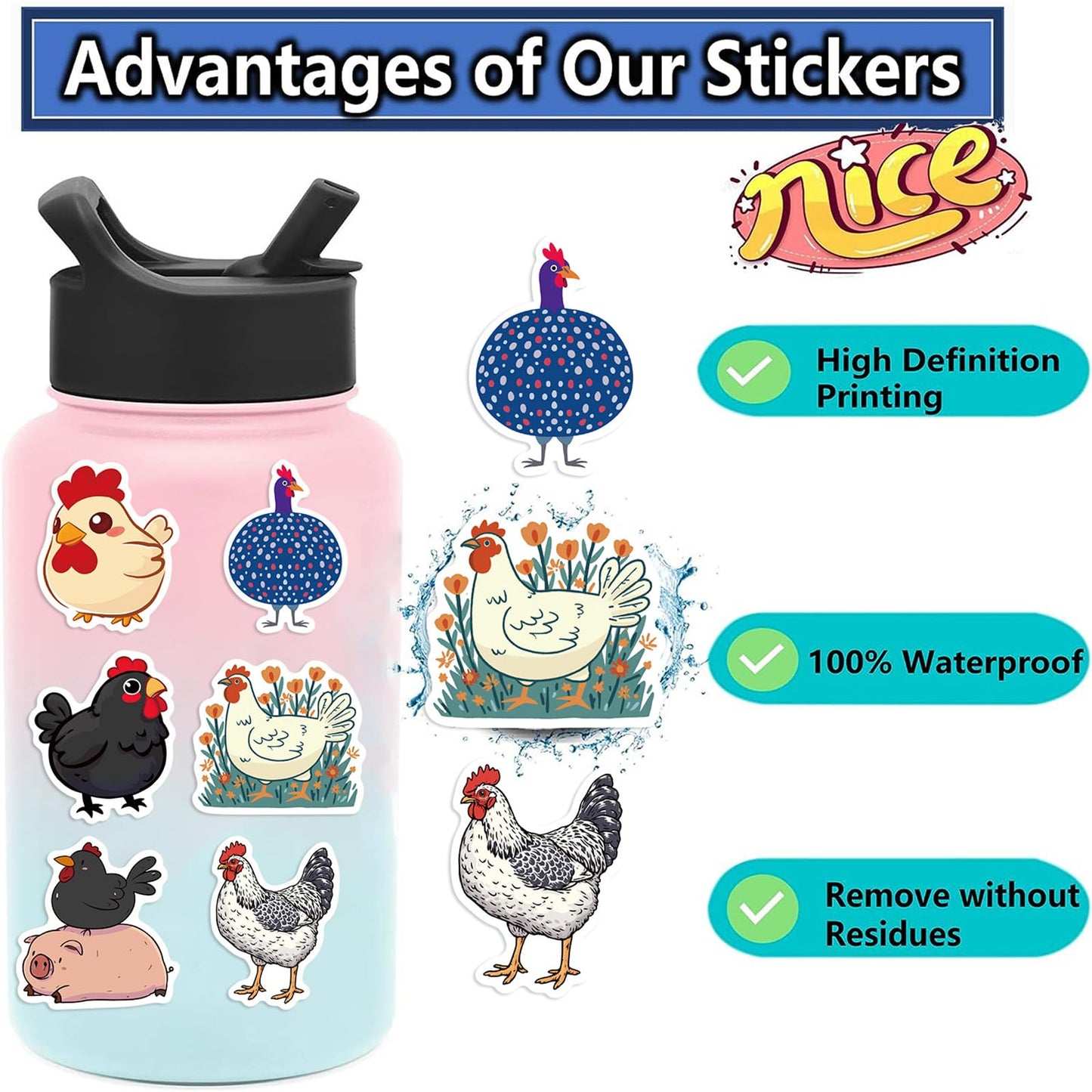 Wyyeleswm 50Pcs Funny Chicken Stickers - Waterproof Vinyl Decals Pack for Kids & Teens
