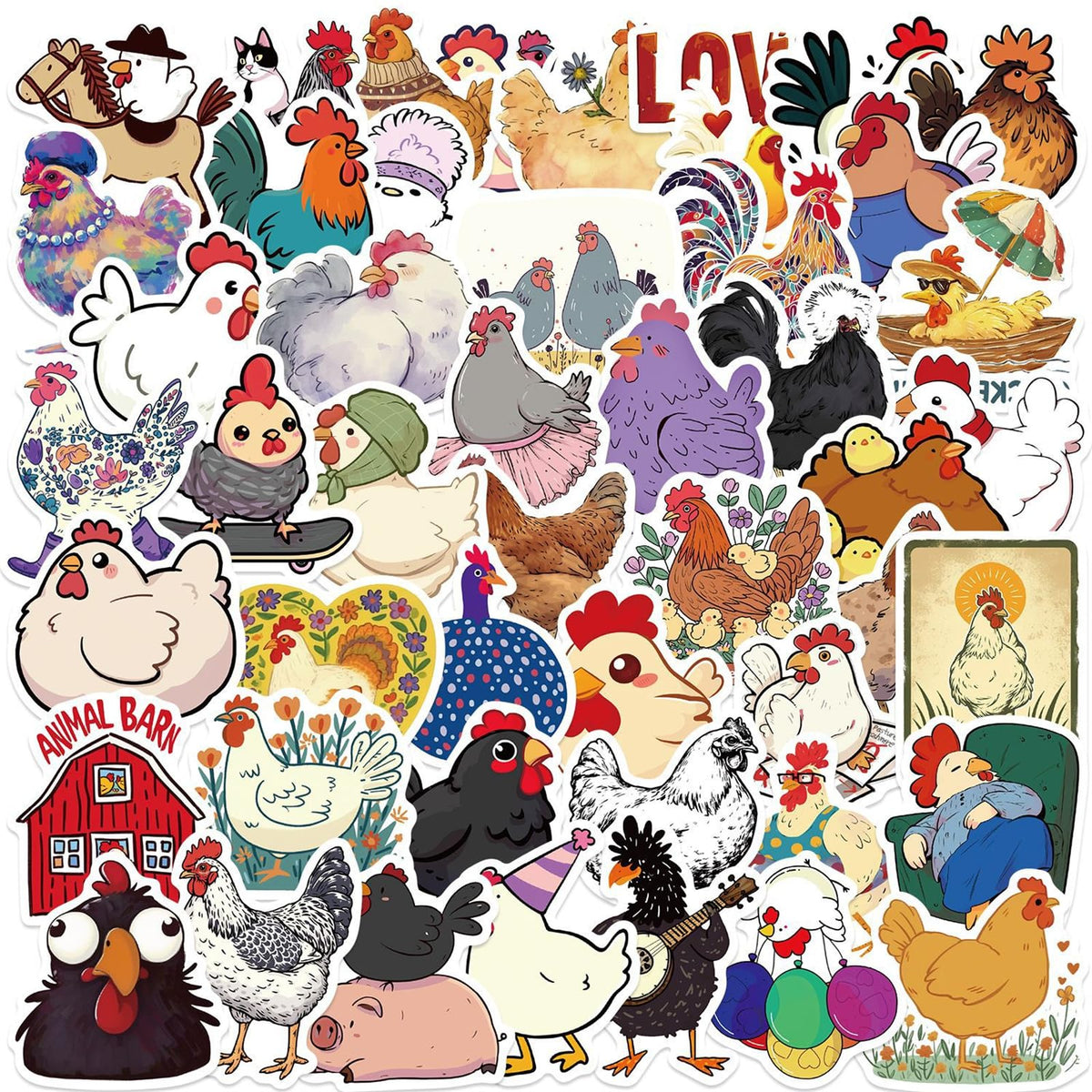 Wyyeleswm 50Pcs Funny Chicken Stickers - Waterproof Vinyl Decals Pack for Kids & Teens
