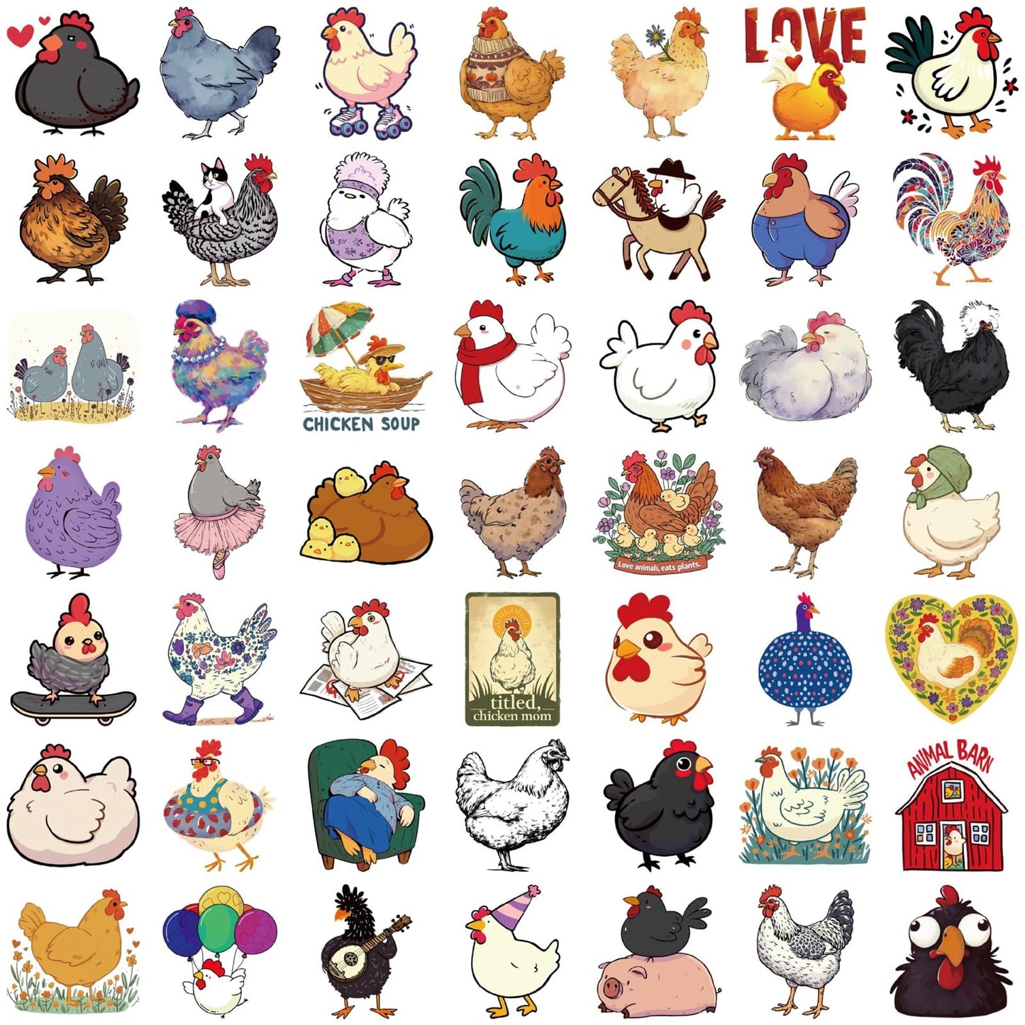 Wyyeleswm 50Pcs Funny Chicken Stickers - Waterproof Vinyl Decals Pack for Kids & Teens