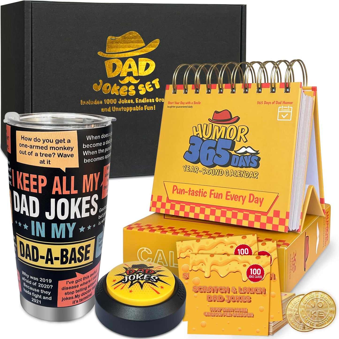 WYZOID 4-in-1 Dad Jokes Gift Set — 1,000 Jokes, Button, Calendar, Scratch Cards & 20oz Tumbler