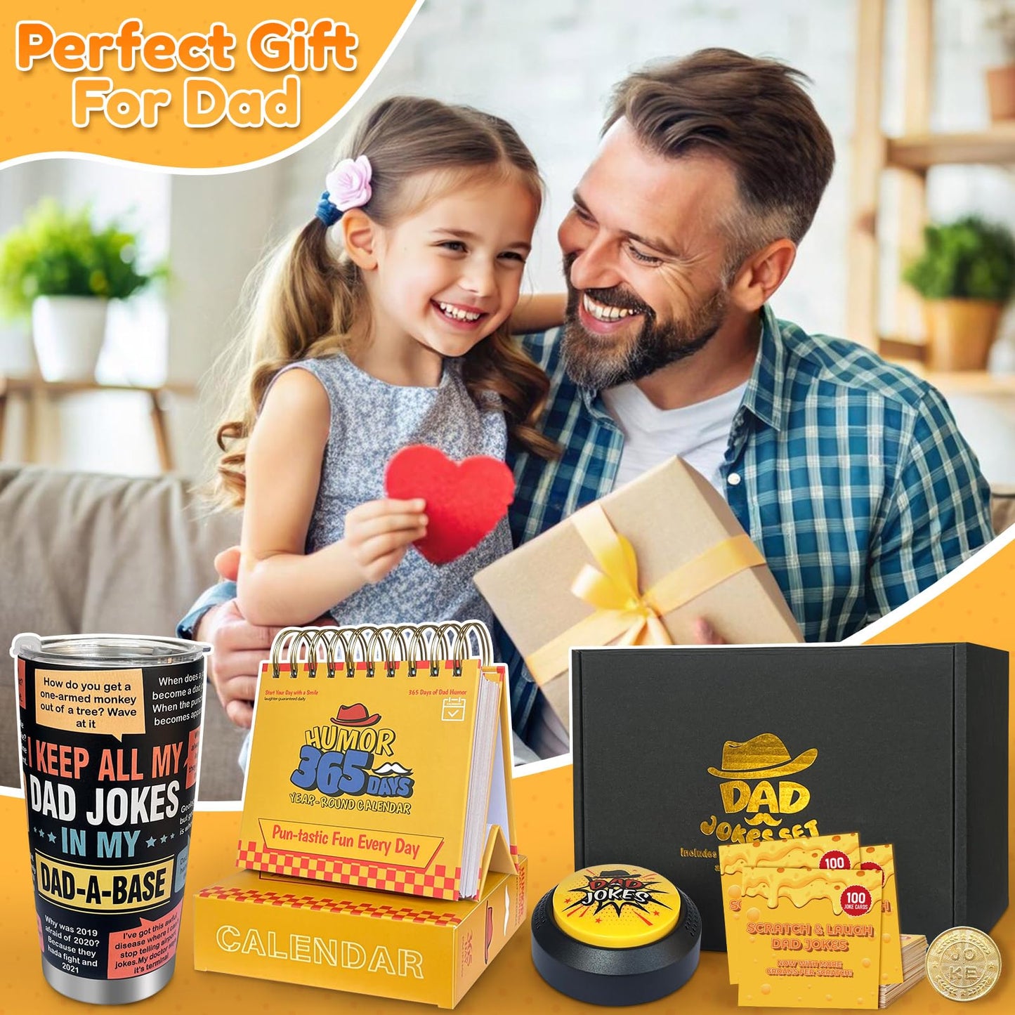 WYZOID 4-in-1 Dad Jokes Gift Set — 1,000 Jokes, Button, Calendar, Scratch Cards & 20oz Tumbler