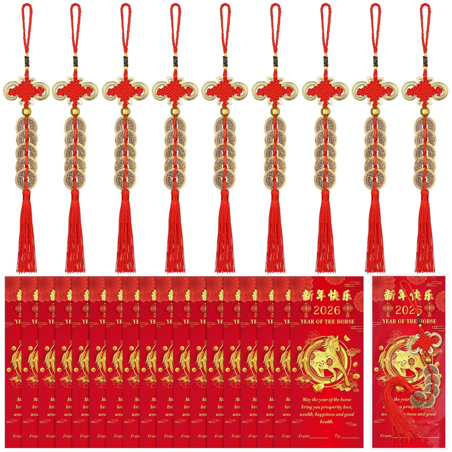 WZSTNBLA 30 Chinese Knot Lucky Coins & Feng Shui Ornaments with Blessing Cards