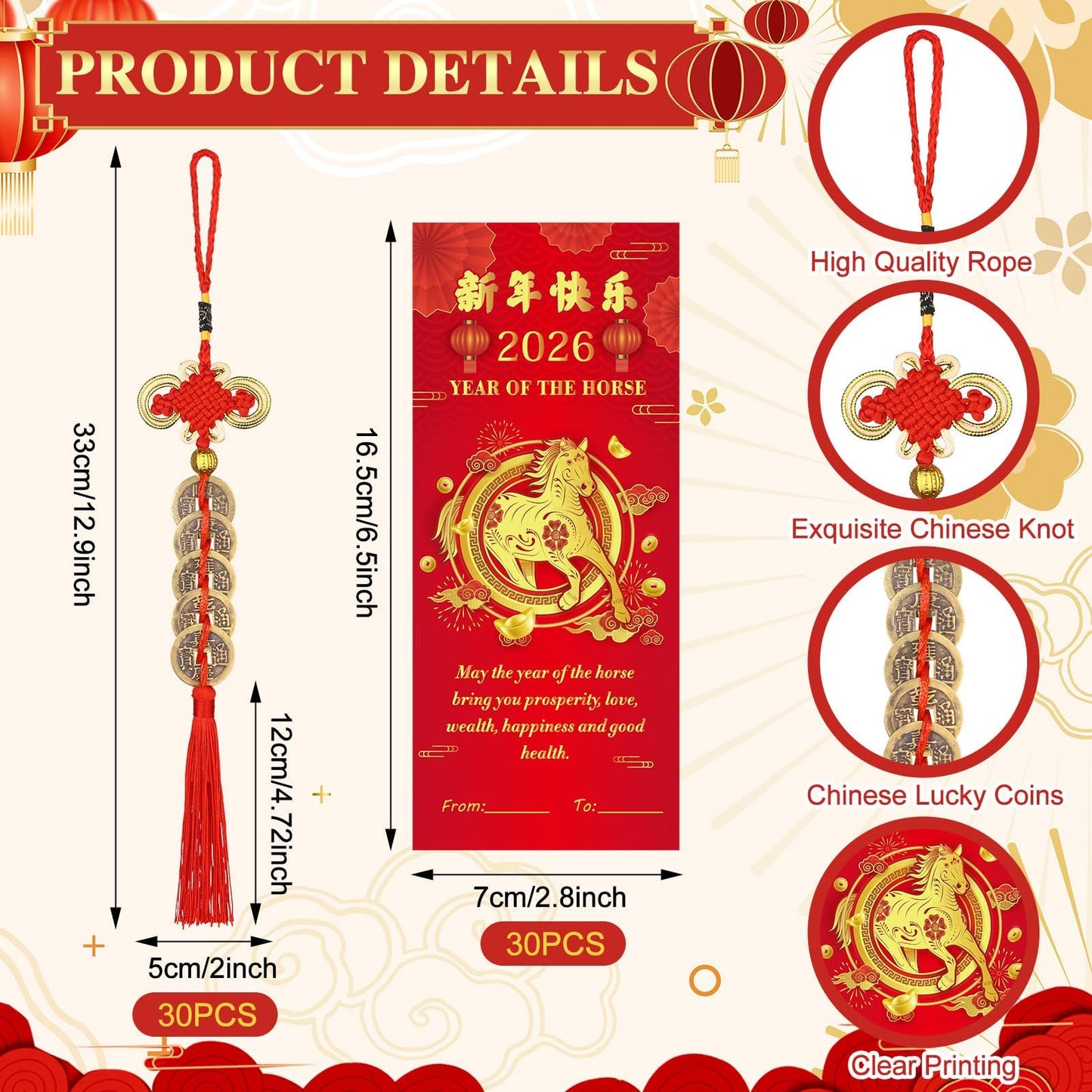 WZSTNBLA 30 Chinese Knot Lucky Coins & Feng Shui Ornaments with Blessing Cards