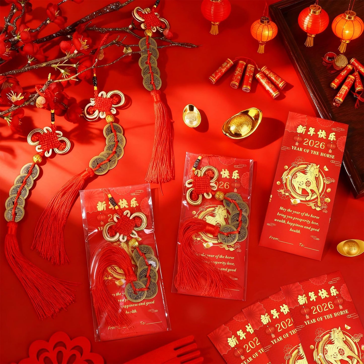 WZSTNBLA 30 Chinese Knot Lucky Coins & Feng Shui Ornaments with Blessing Cards