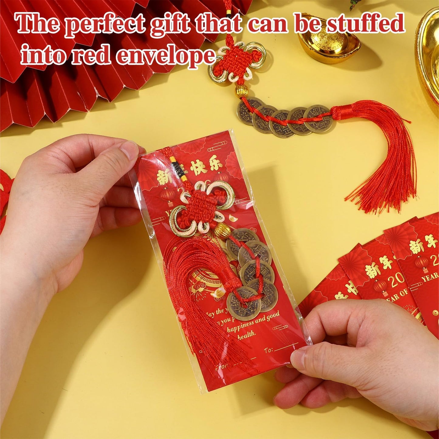WZSTNBLA 30 Chinese Knot Lucky Coins & Feng Shui Ornaments with Blessing Cards