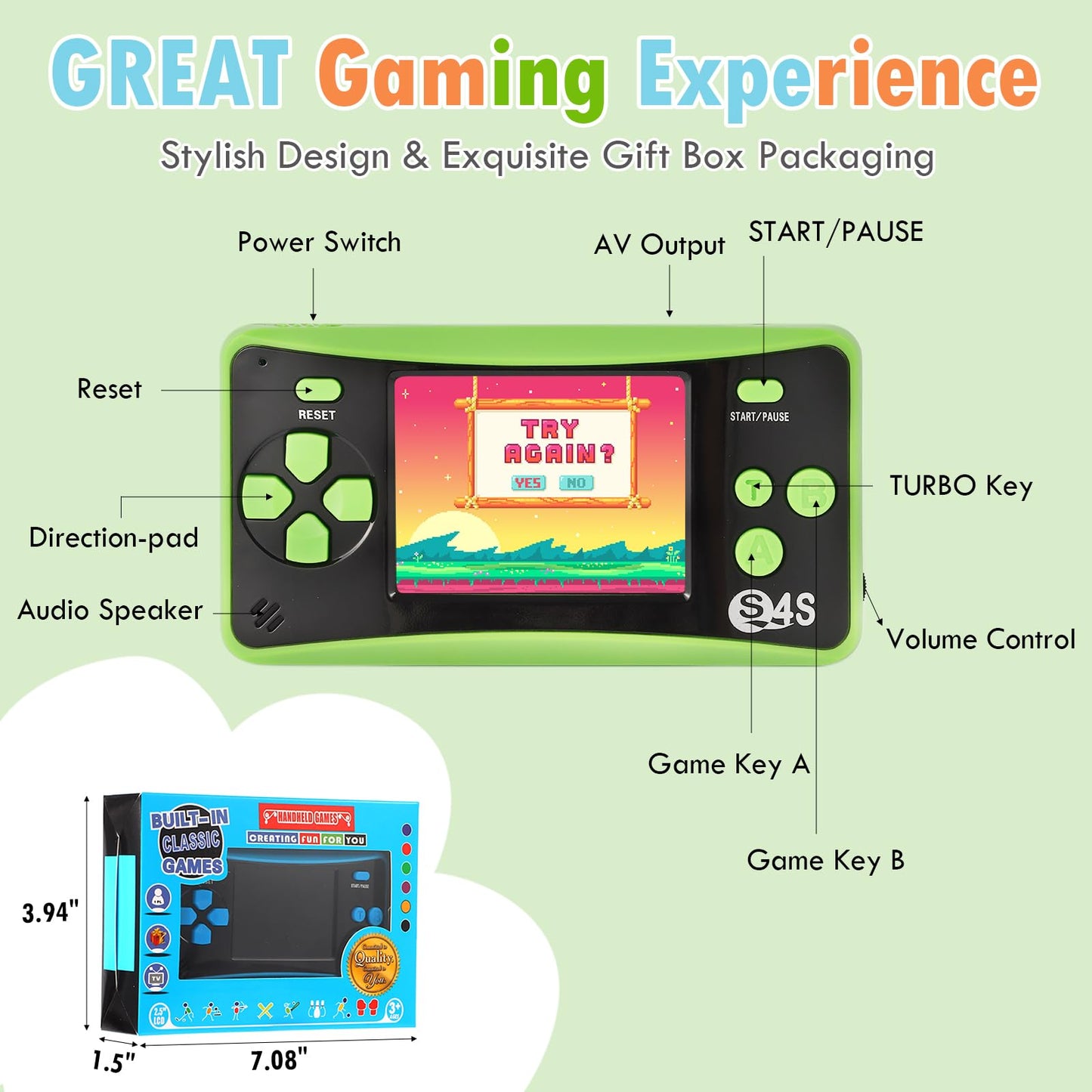 X-JOYKIDS Handheld Game Console – 142 Classic Games, TV Output, 2.5-inch LCD, 2025 Upgraded, Green