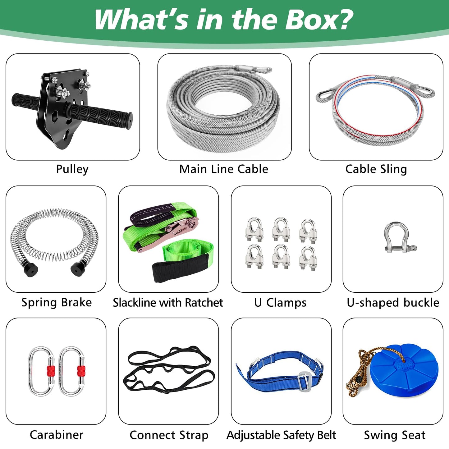 X XBEN Zip Line Kit for Backyard — 500 lb Capacity, 80 ft, Quick Tighten System, Removable Trolley & Swing Seat