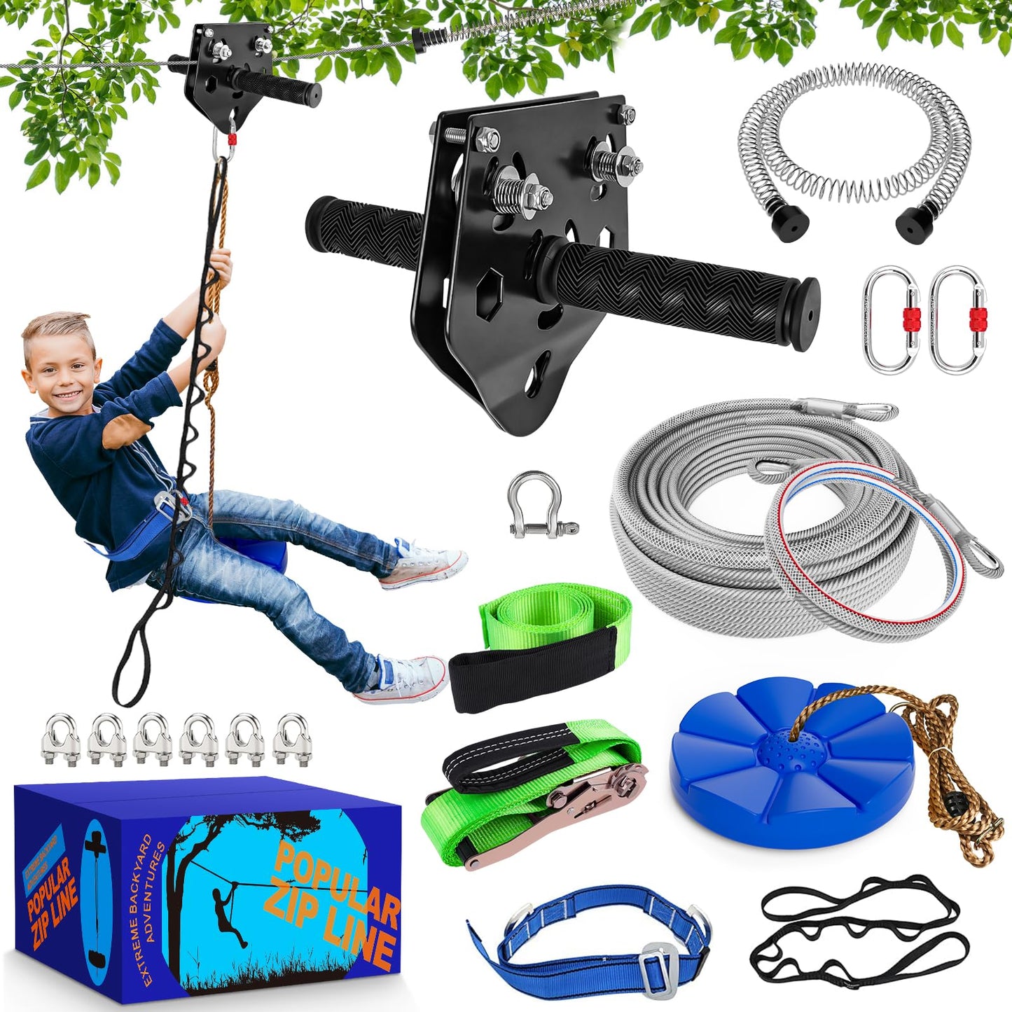 X XBEN Zip Line Kit for Backyard — 500 lb Capacity, 80 ft, Quick Tighten System, Removable Trolley & Swing Seat