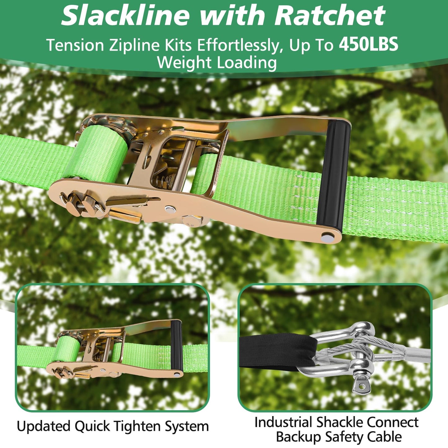 X XBEN Zip Line Kit for Backyard — 500 lb Capacity, 80 ft, Quick Tighten System, Removable Trolley & Swing Seat