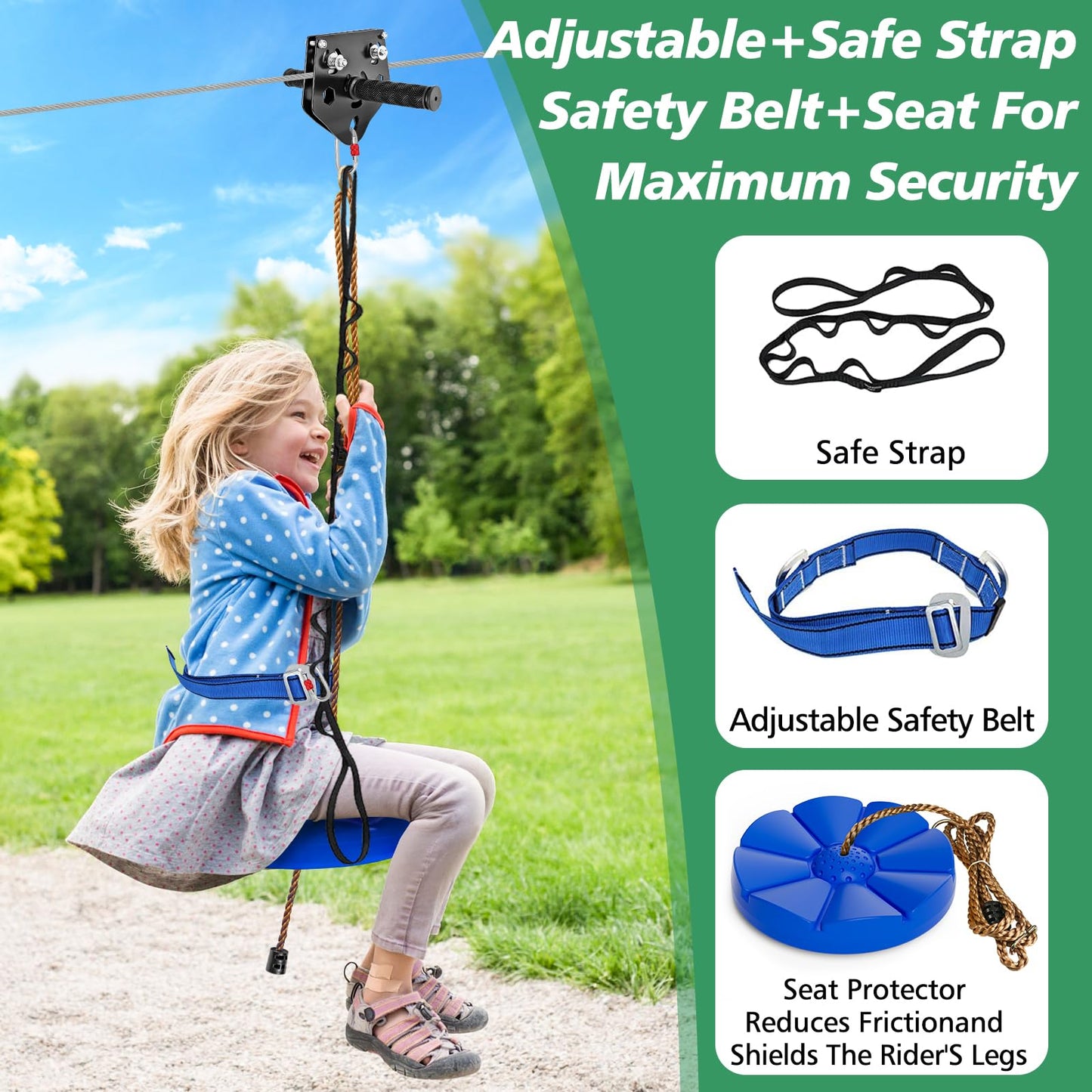X XBEN Zip Line Kit for Backyard — 500 lb Capacity, 80 ft, Quick Tighten System, Removable Trolley & Swing Seat