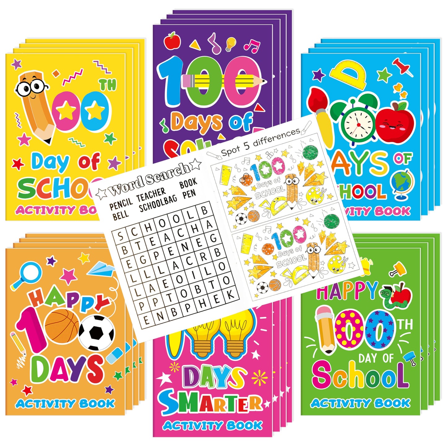 X1zuue 100th Day of School Activity Books for Kids — 24-Piece Mini Games Set, Classroom Rewards & DIY Gifts