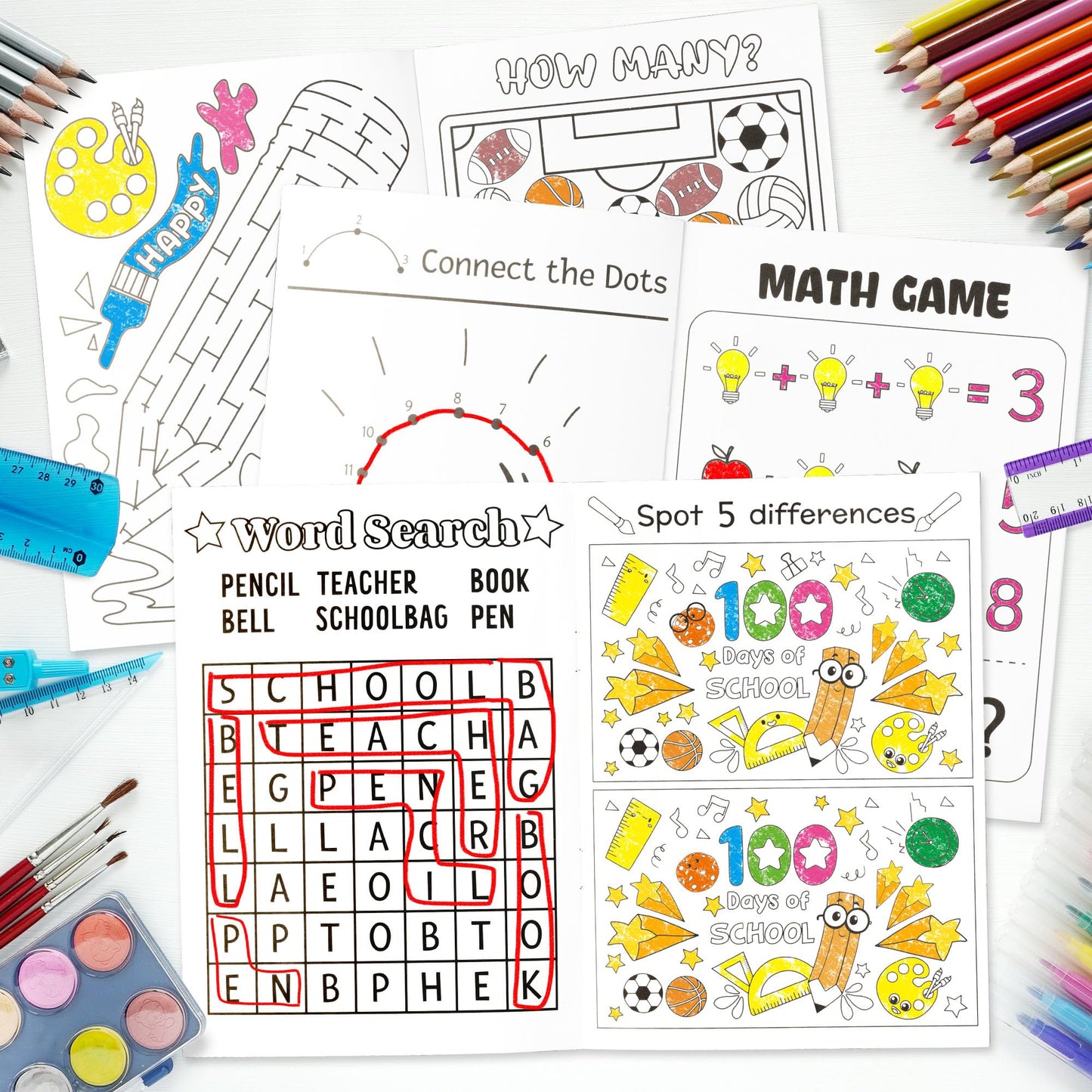 X1zuue 100th Day of School Activity Books for Kids — 24-Piece Mini Games Set, Classroom Rewards & DIY Gifts