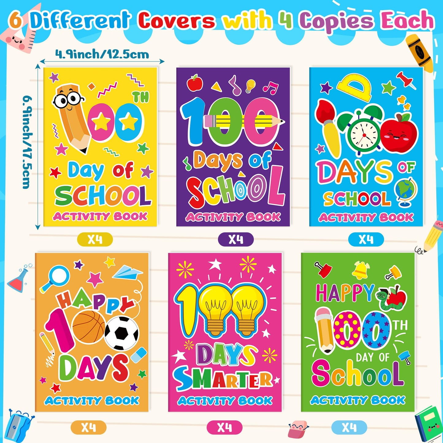 X1zuue 100th Day of School Activity Books for Kids — 24-Piece Mini Games Set, Classroom Rewards & DIY Gifts