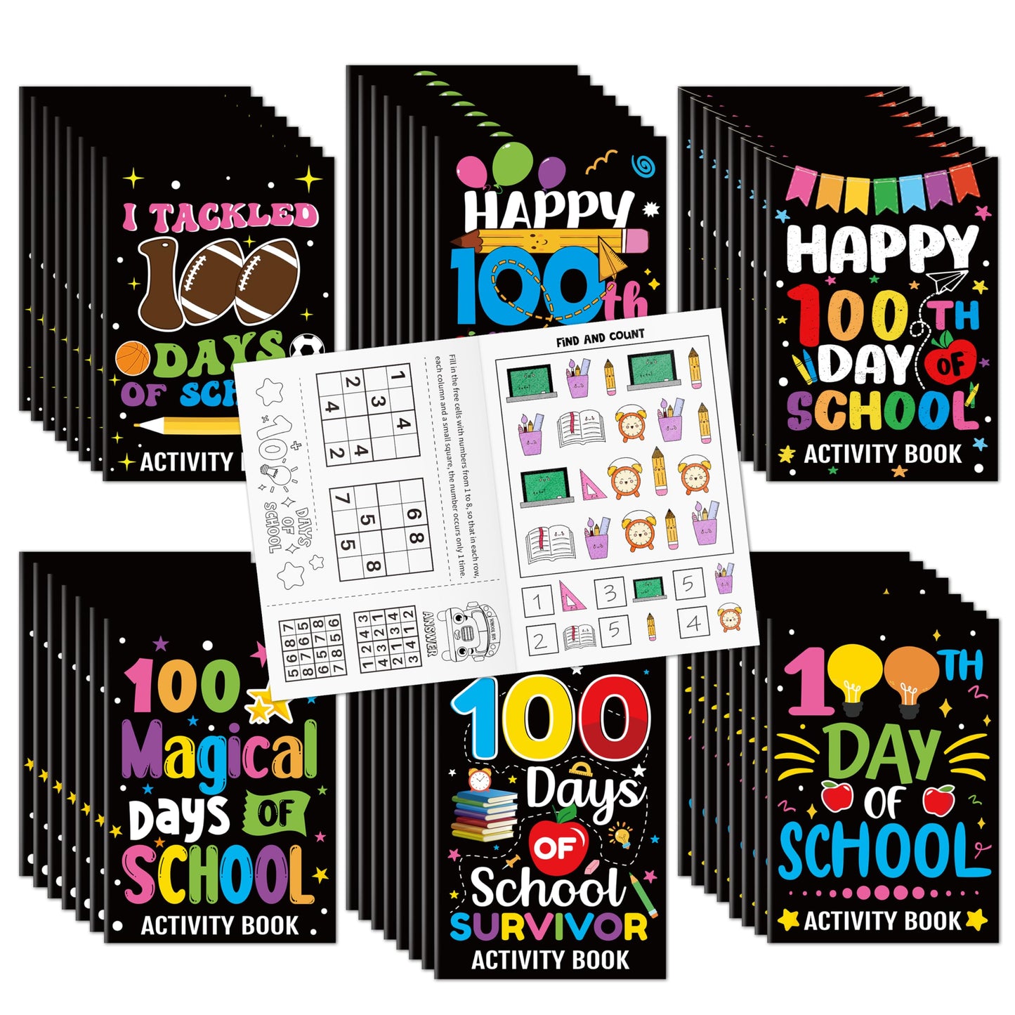 X1zuue Black 100th Day of School Activity Books – 24 Mini Games for Classrooms, DIY Gifts & Party Favors