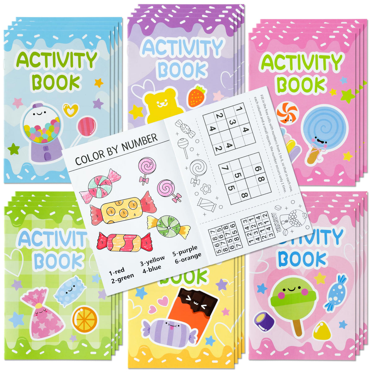 X1zuue Candy Activity Books for Kids – 24-Pack Coloring & Puzzle Set (Mazes & Word Games)