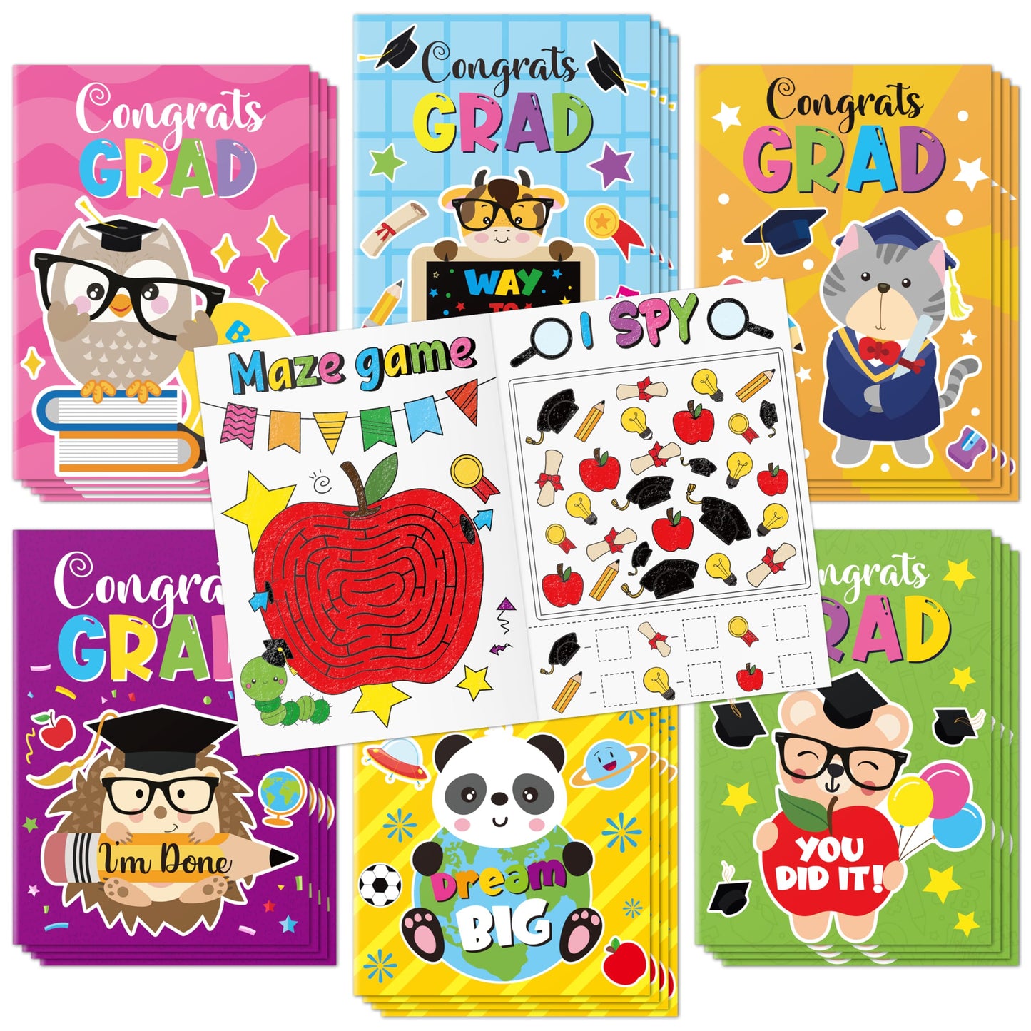 X1zuue Congrats Grad Activity Books - 48Pcs Kindergarten Graduation Mini Games & Coloring Book Set for Kids | Mazes, Word Searches & More