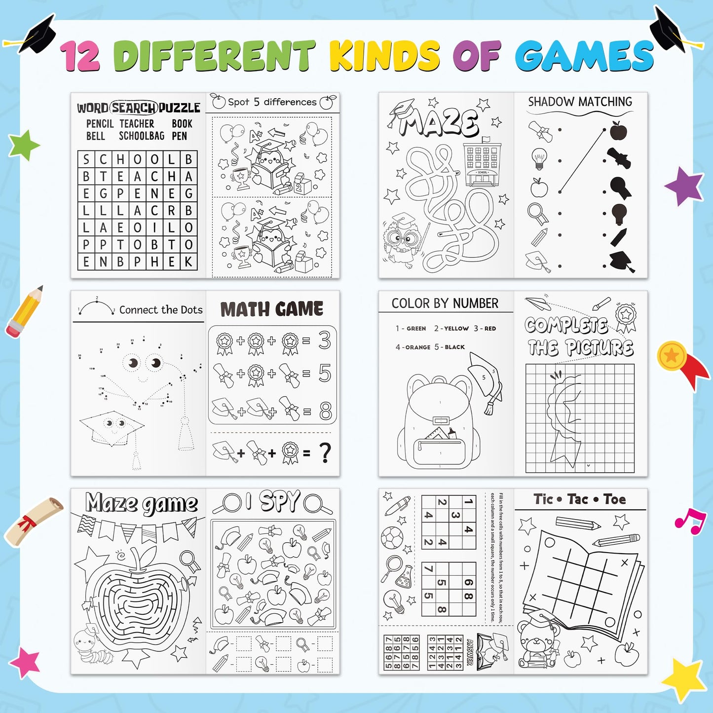 X1zuue Congrats Grad Activity Books - 48Pcs Kindergarten Graduation Mini Games & Coloring Book Set for Kids | Mazes, Word Searches & More