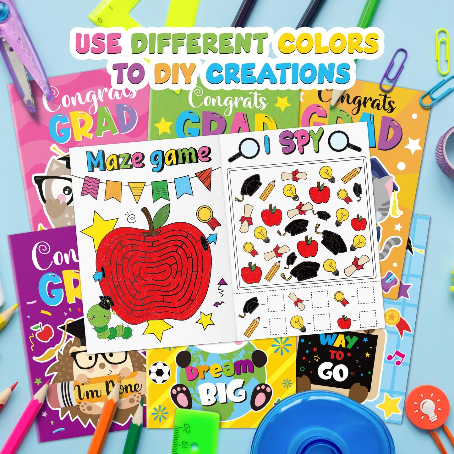 X1zuue Congrats Grad Activity Books - 48Pcs Kindergarten Graduation Mini Games & Coloring Book Set for Kids | Mazes, Word Searches & More