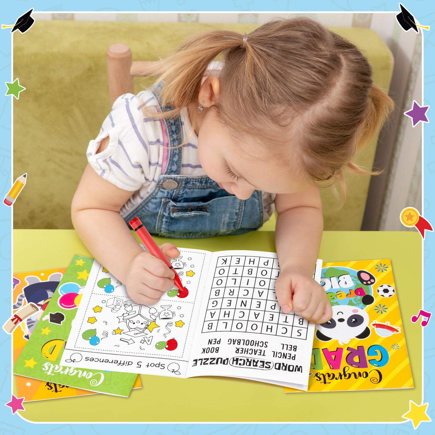 X1zuue Congrats Grad Activity Books - 48Pcs Kindergarten Graduation Mini Games & Coloring Book Set for Kids | Mazes, Word Searches & More