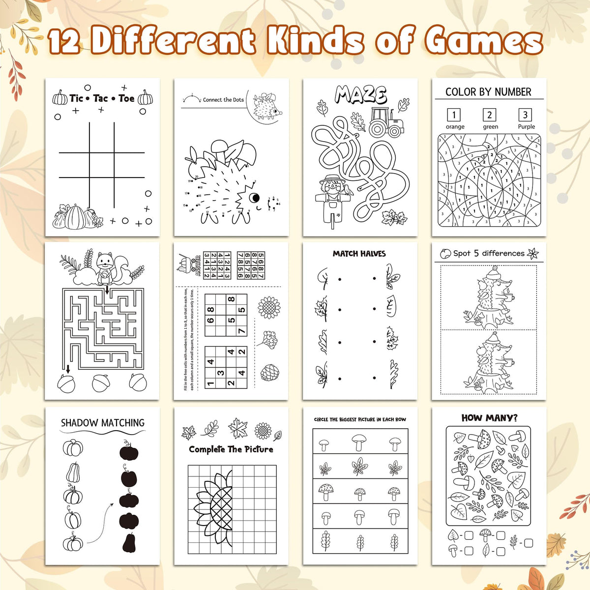 X1zuue Fall Activity Books for Kids – 24-Pack Autumn Coloring, Mazes, Word Scrambles & Party Favors