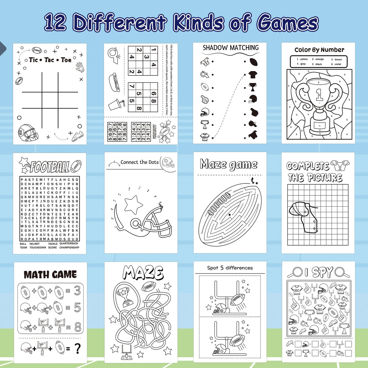 X1zuue Football Activity Books for Kids — 24 Mini Games in a Portable 7x5 Set