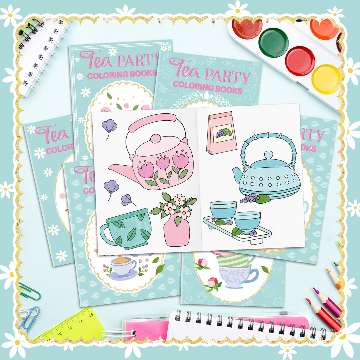 X1zuue Tea Party Coloring Books for Kids – 24Pcs Teapot & Cup Themed Set