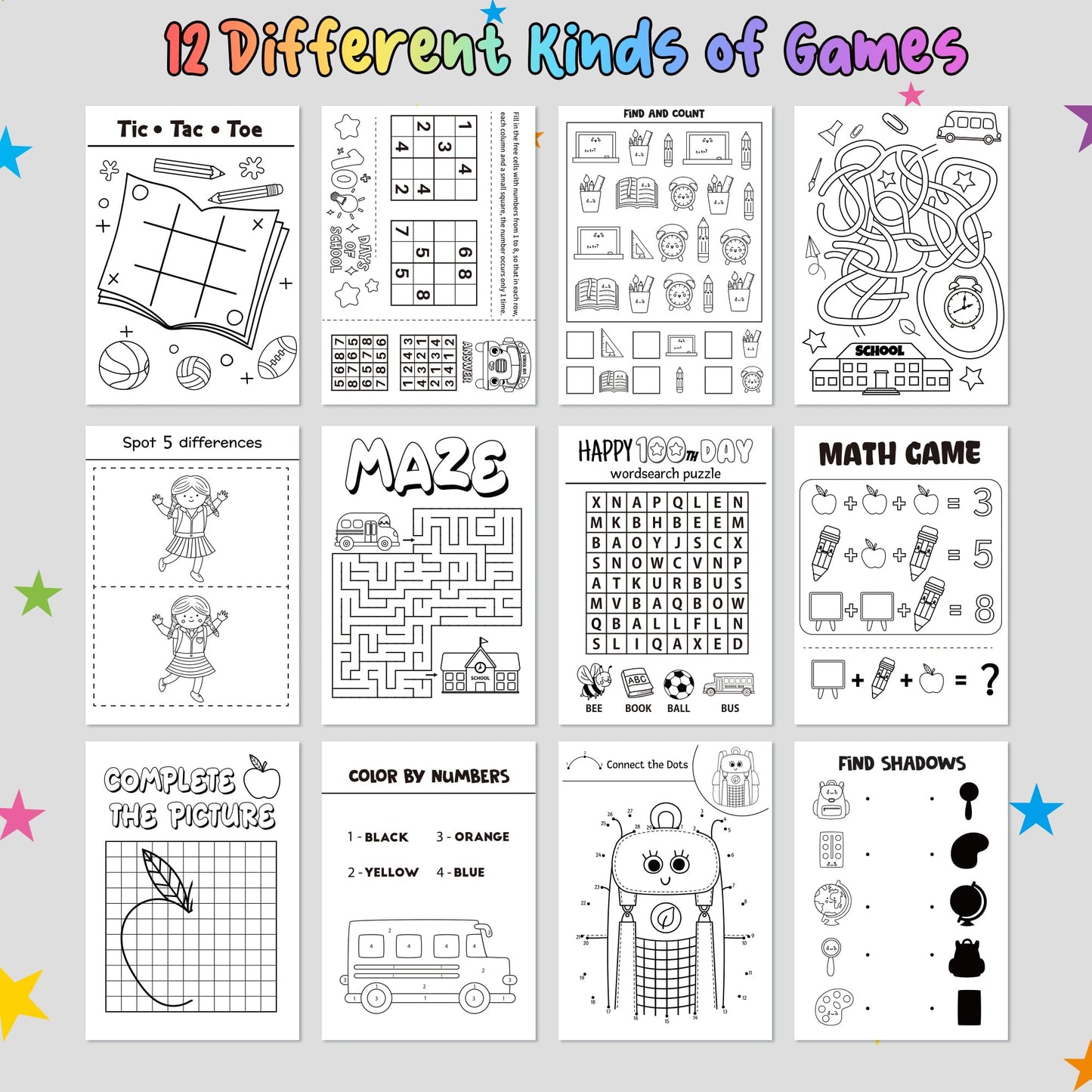 X1zuue Black 100th Day of School Activity Books – 24 Mini Games for Classrooms, DIY Gifts & Party Favors