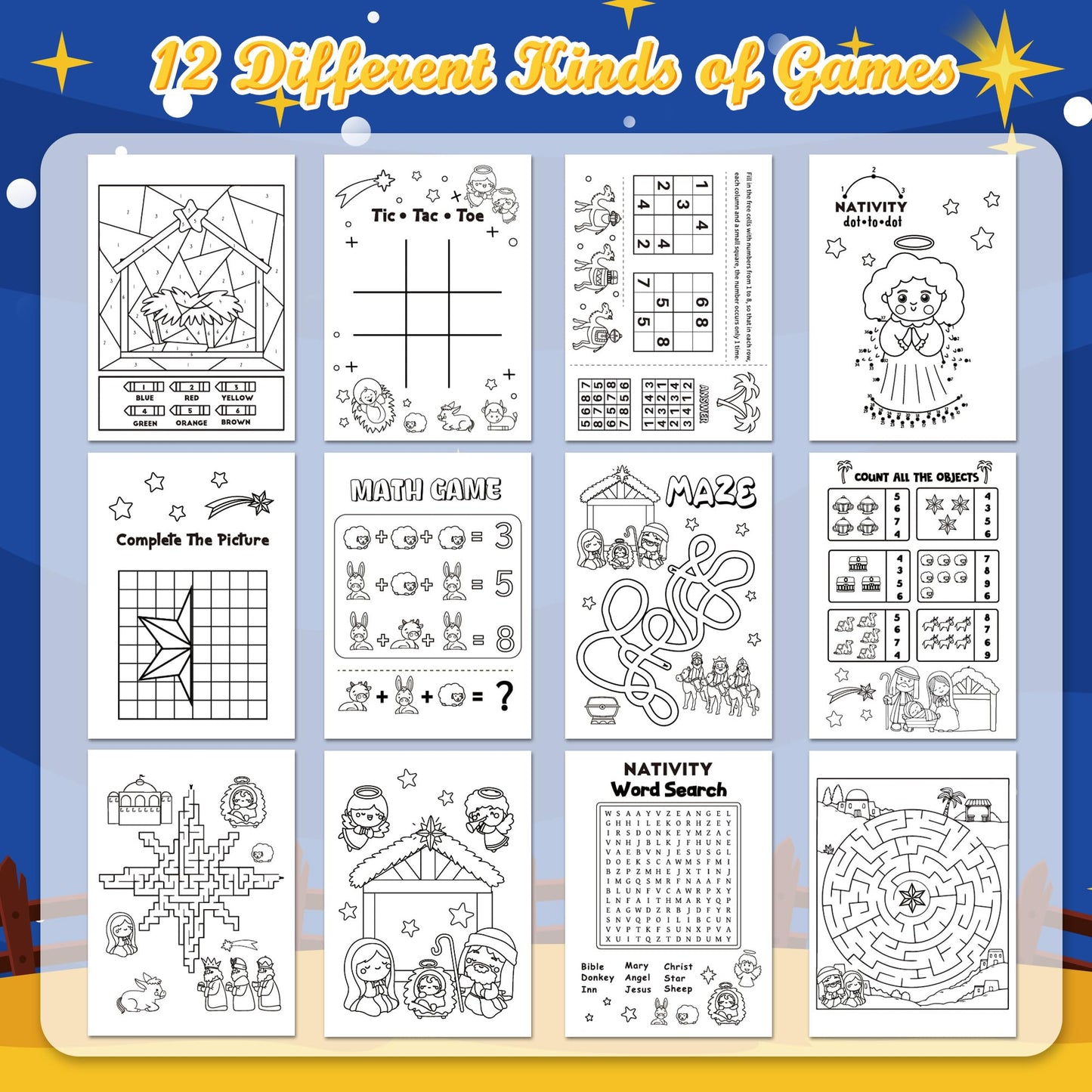 X1zuue Nativity Activity Books for Kids | 24 Mini Christmas Coloring, Mazes & Word Games