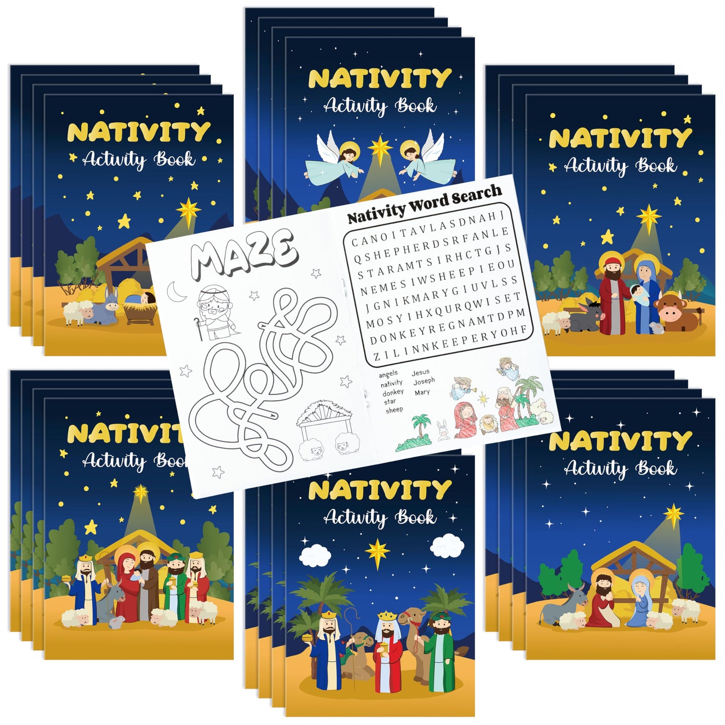 X1zuue Nativity Activity Books for Kids – 24 Mini Christmas Games & Coloring Set