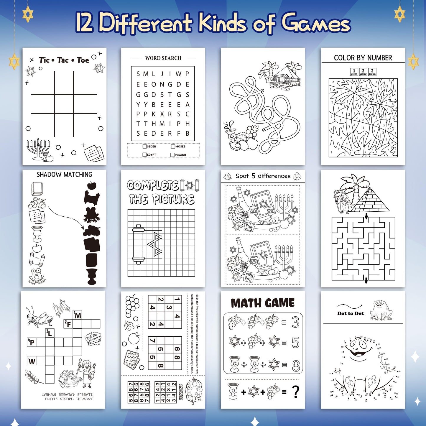 X1zuue Passover Activity Books for Kids – 48-Piece Bulk Mini Games & Coloring Set