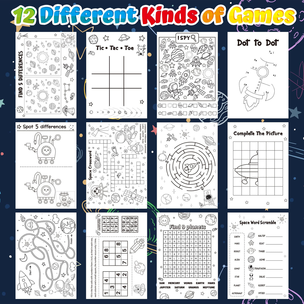 X1zuue 24Pcs Space Activity Books for Kids – Mini Games, Coloring & Puzzles for Parties