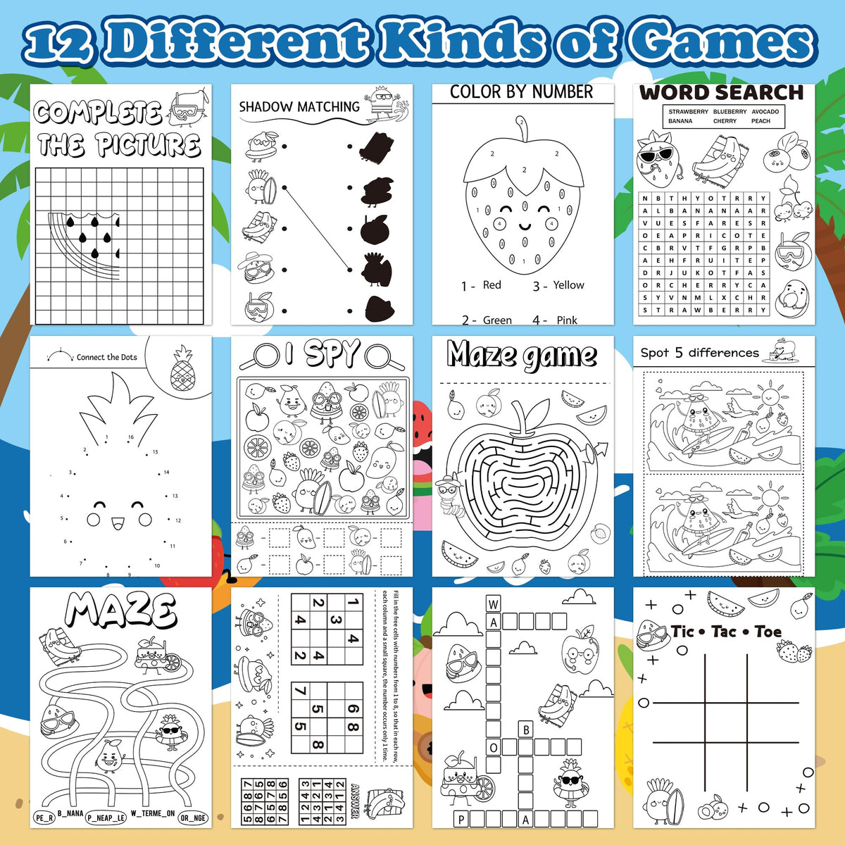 X1zuue Summer Fruit Activity Books – 24-Pack Kids Coloring & Puzzle Set