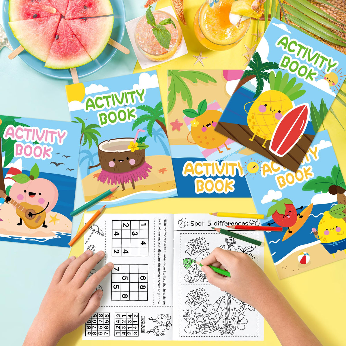 X1zuue Summer Fruit Activity Books – 24-Pack Kids Coloring & Puzzle Set