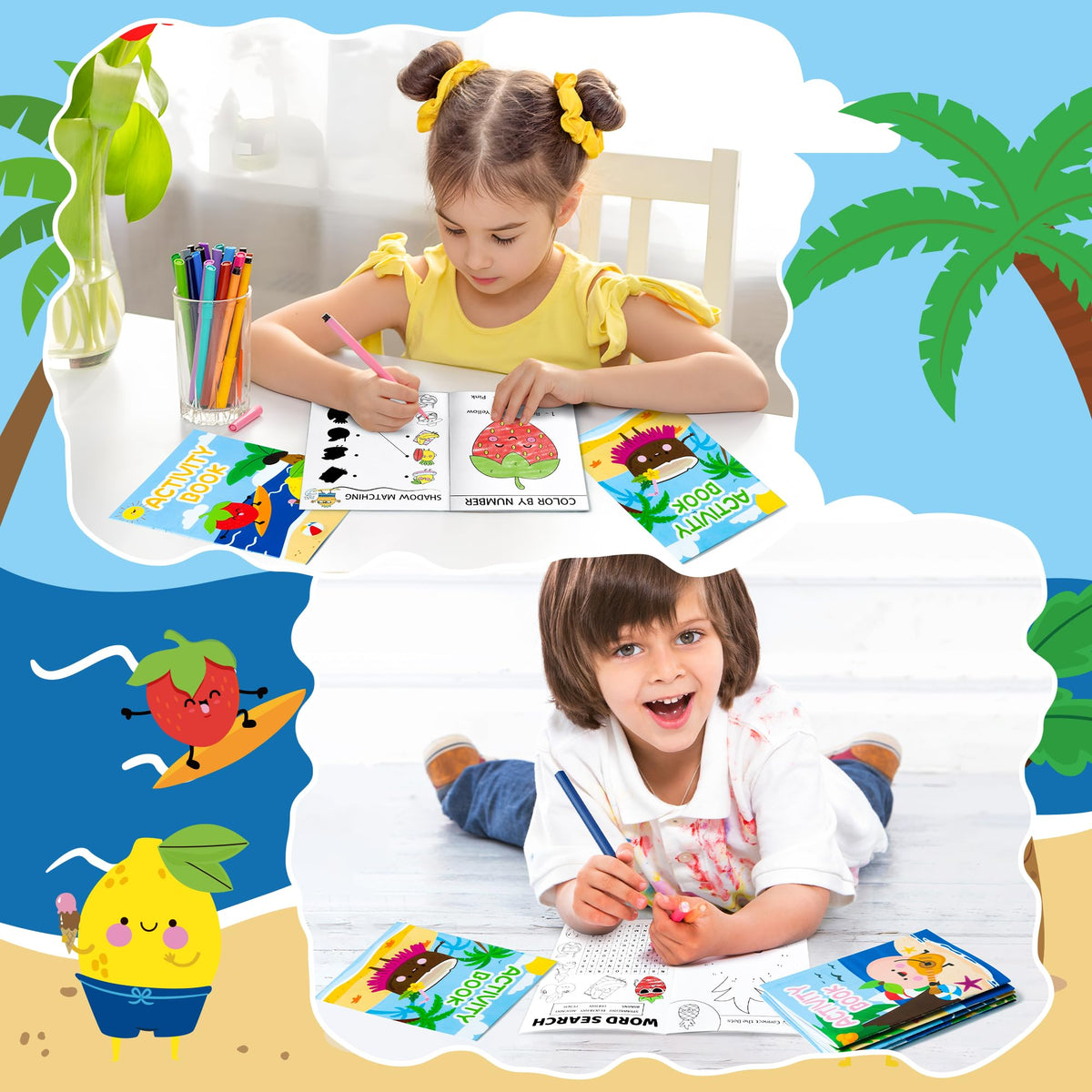 X1zuue Summer Fruit Activity Books – 24-Pack Kids Coloring & Puzzle Set