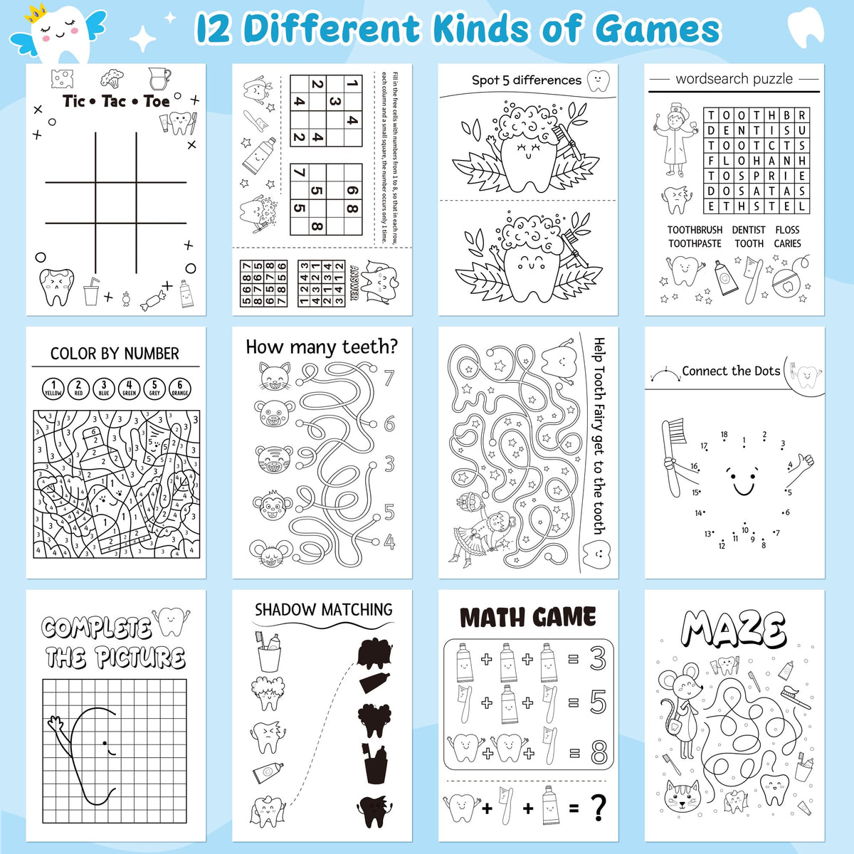 X1zuue Tooth Activity Books for Kids – 24Pcs Colorful Tooth Fairy Mini Games & Mazes Set