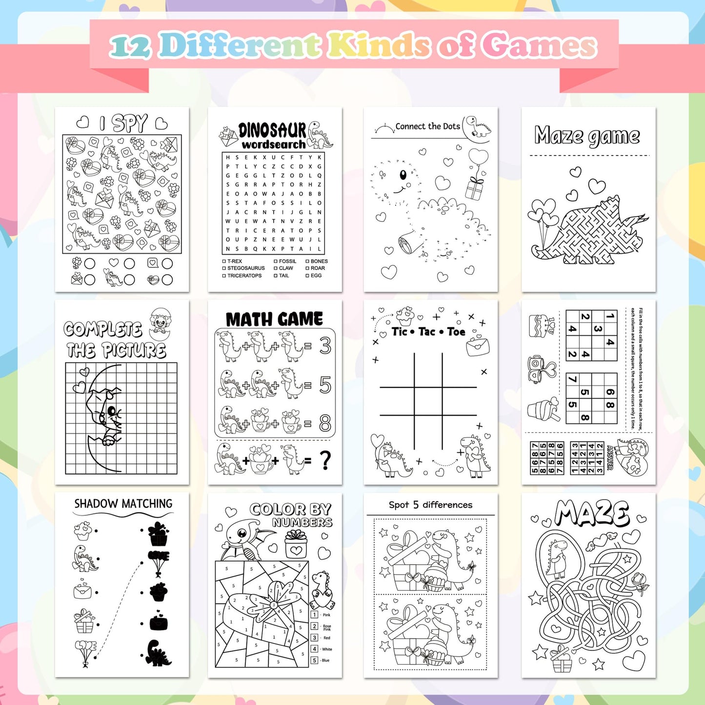 X1zuue Valentine’s Day Dinosaur Activity Books — 24 Mini Puzzles for Classrooms & Party Favors