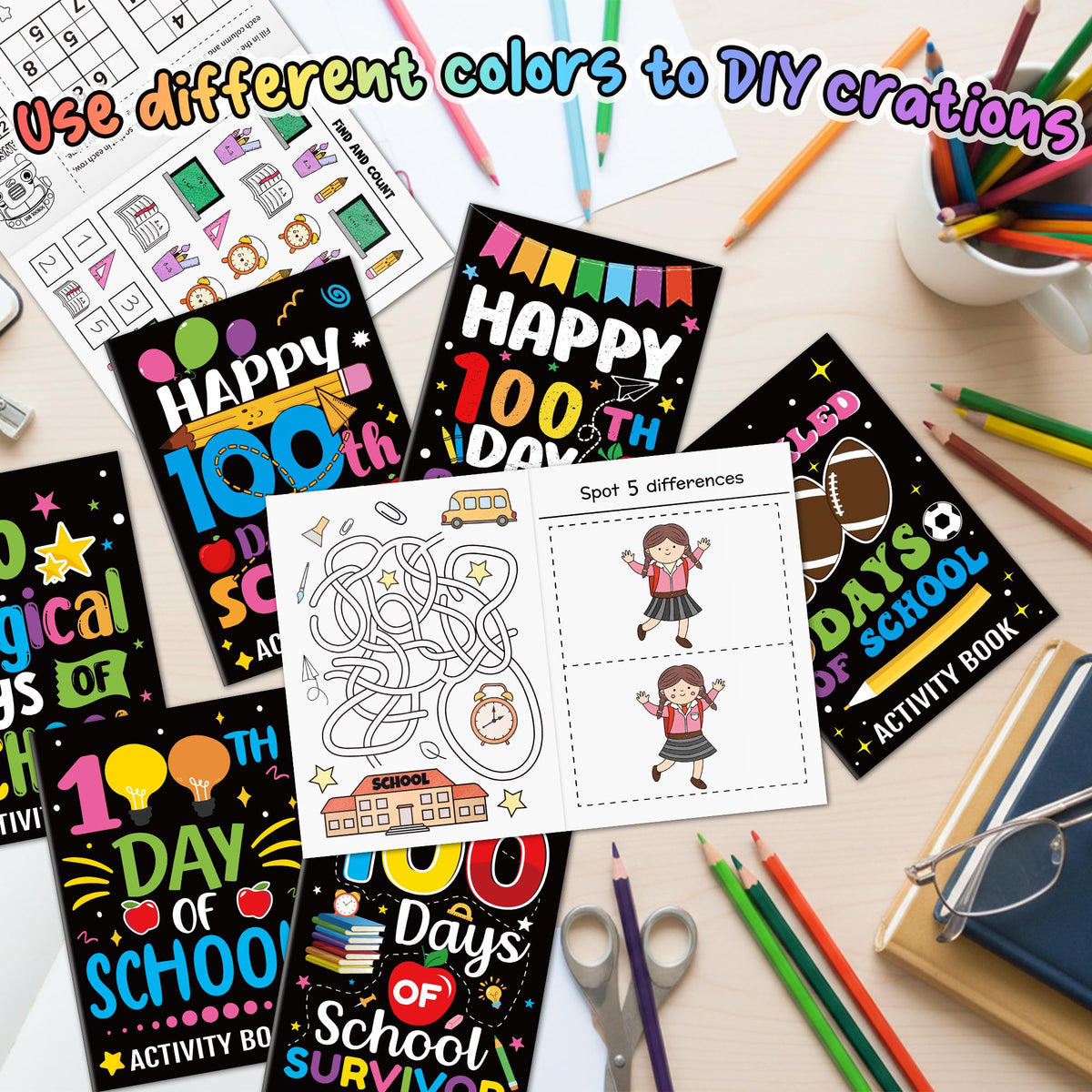 X1zuue Black 100th Day of School Activity Books – 24 Mini Games for Classrooms, DIY Gifts & Party Favors