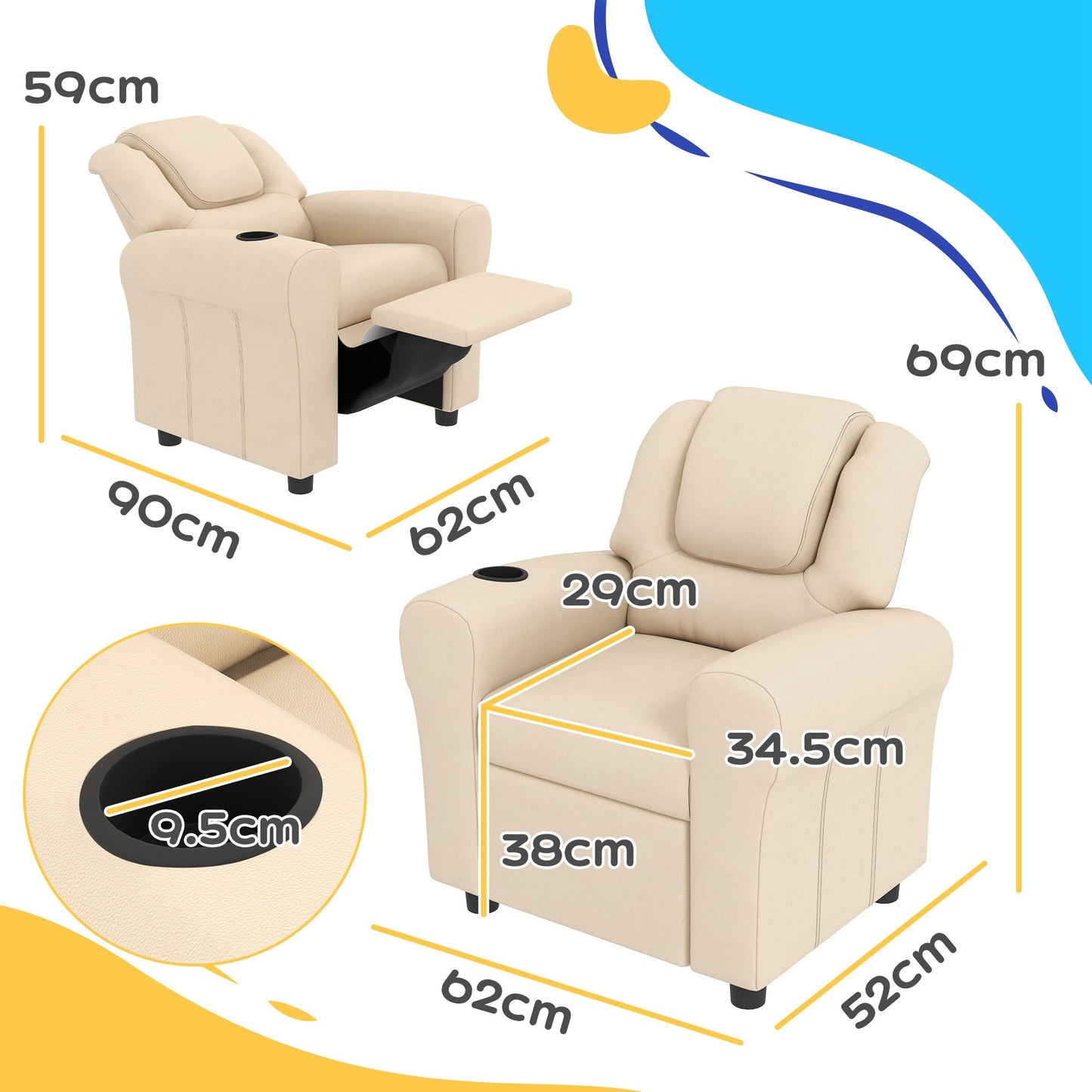 HOMCOM Kids Recliner Chair with Adjustable Backrest and Footrest