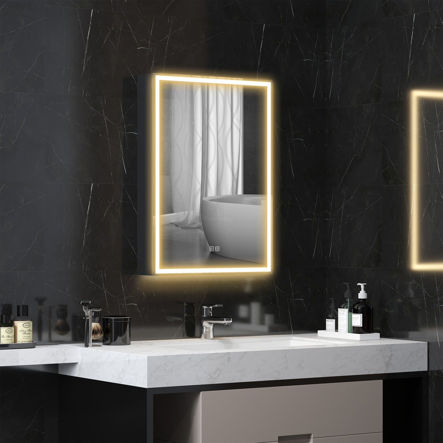 HOMCOM Bathroom Cabinet with Mirror, LED Lights and Demister Pad, Black