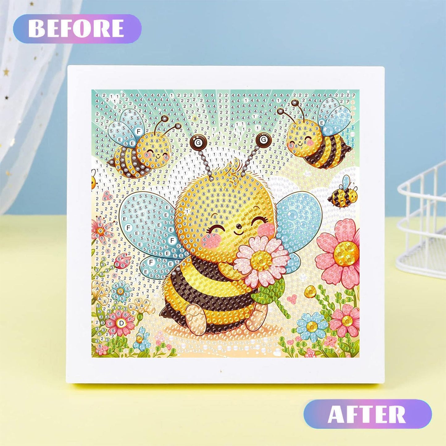 xackcme Bee Diamond Art Kit for Kids with Frame – Easy Beginner Gem Painting (7x7 in)