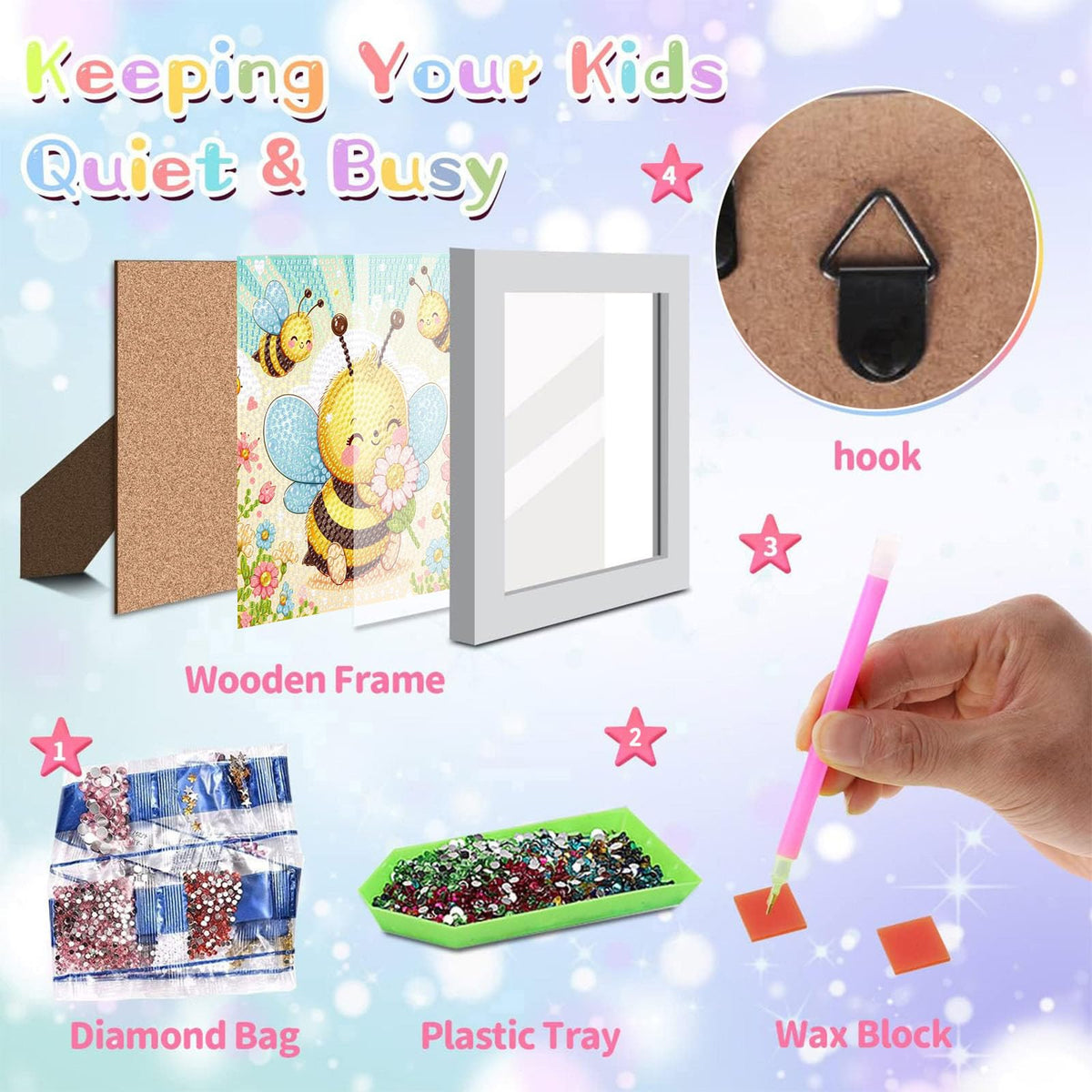 xackcme Bee Diamond Art Kit for Kids with Frame – Easy Beginner Gem Painting (7x7 in)