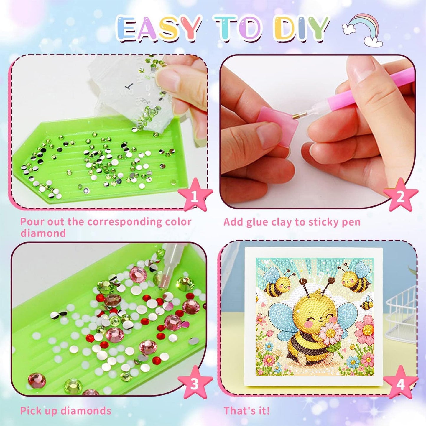 xackcme Bee Diamond Art Kit for Kids with Frame – Easy Beginner Gem Painting (7x7 in)